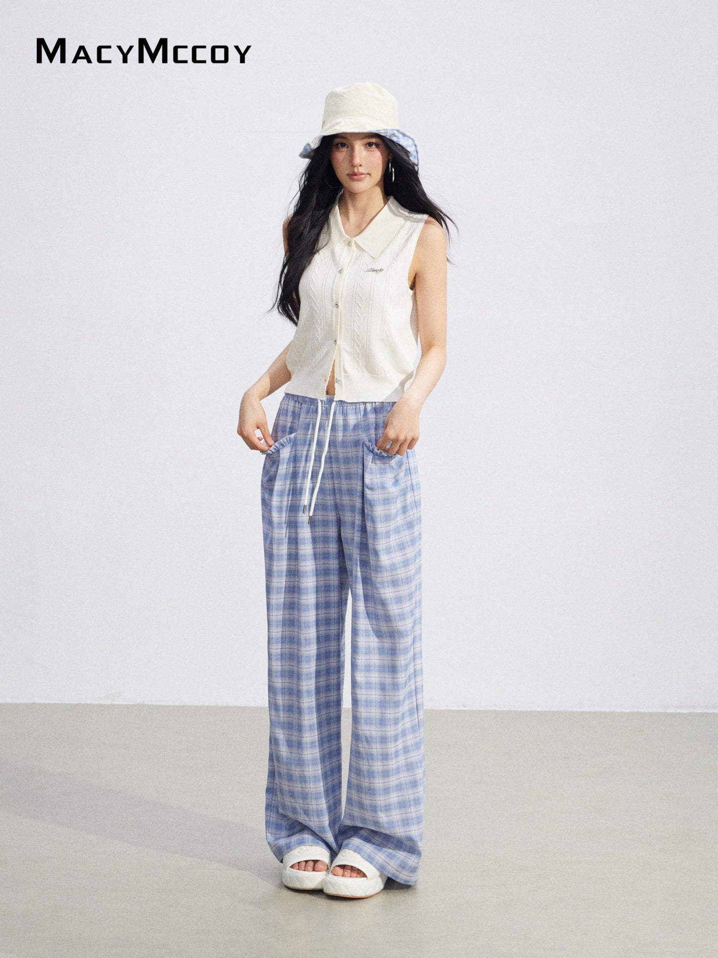 MacyMccoy MMC2026088 Plaid Lace Trim Wide Pants