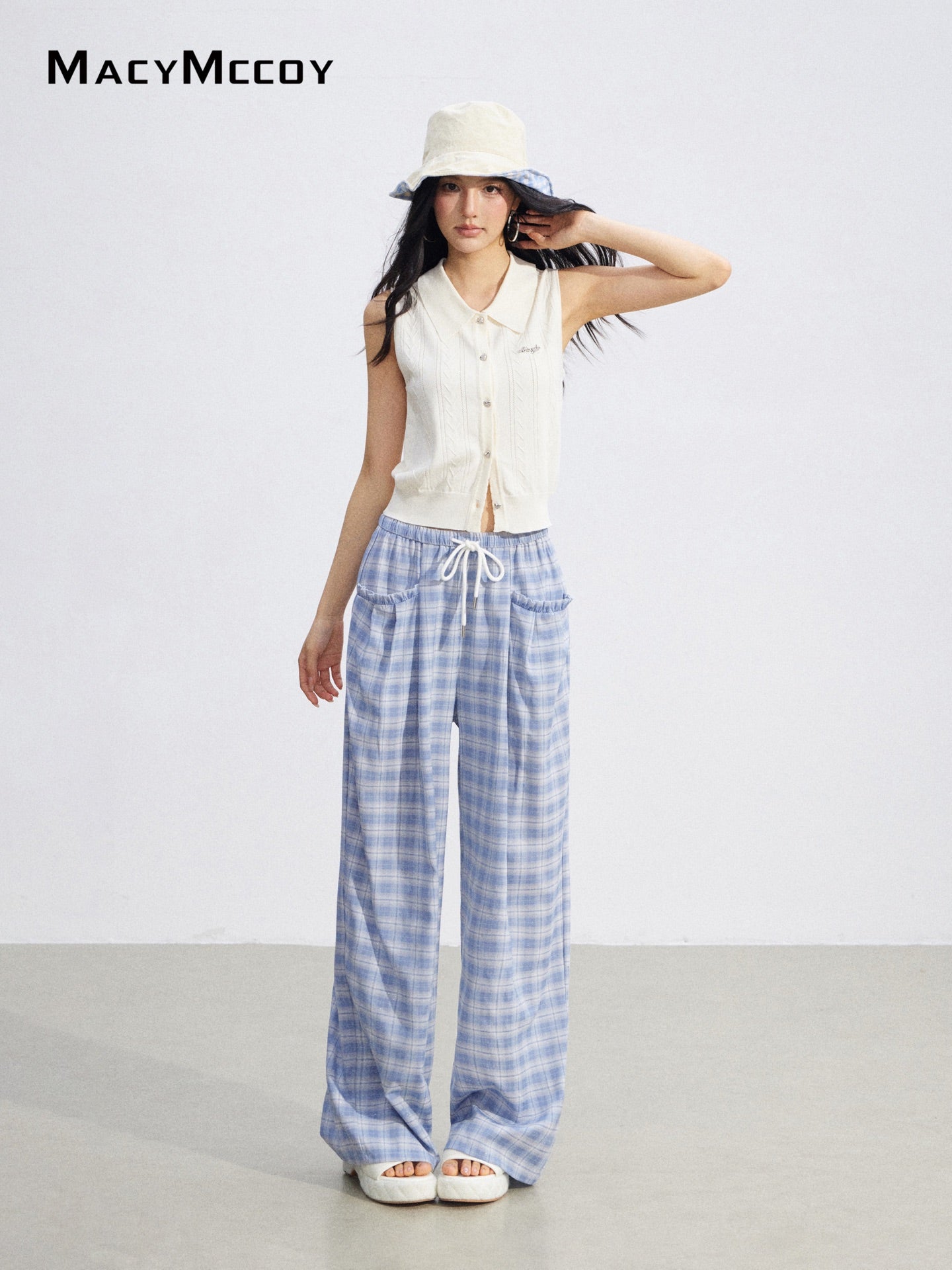MacyMccoy MMC2026088 Plaid Lace Trim Wide Pants