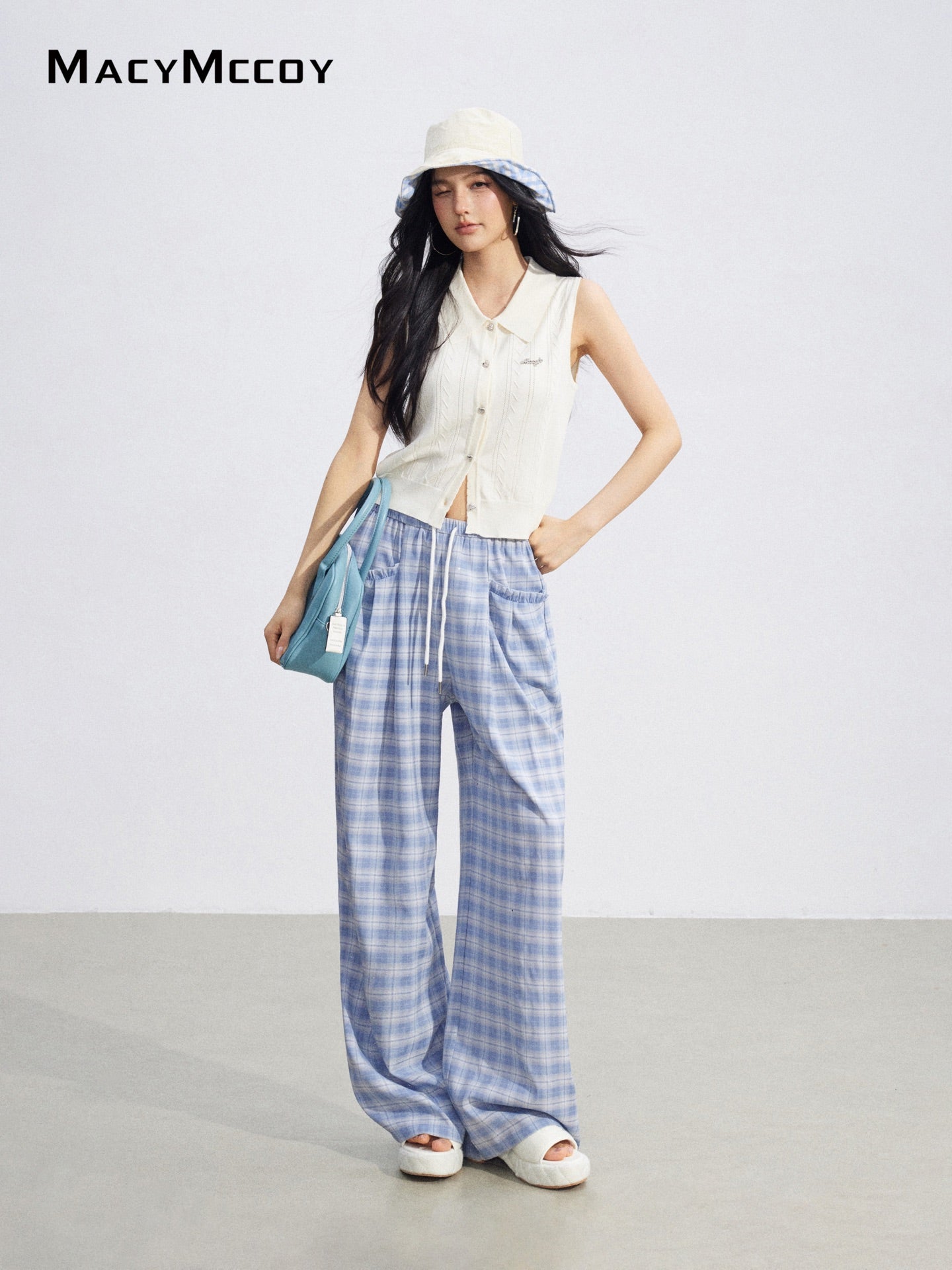 MacyMccoy MMC2026088 Plaid Lace Trim Wide Pants