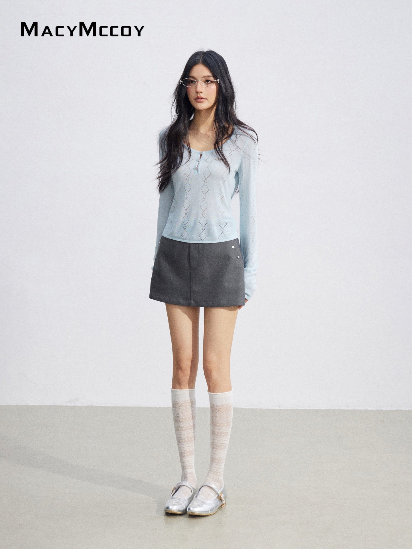 MacyMccoy MMC2026084 Ice Silk Hollow Out Knit Top(2color)