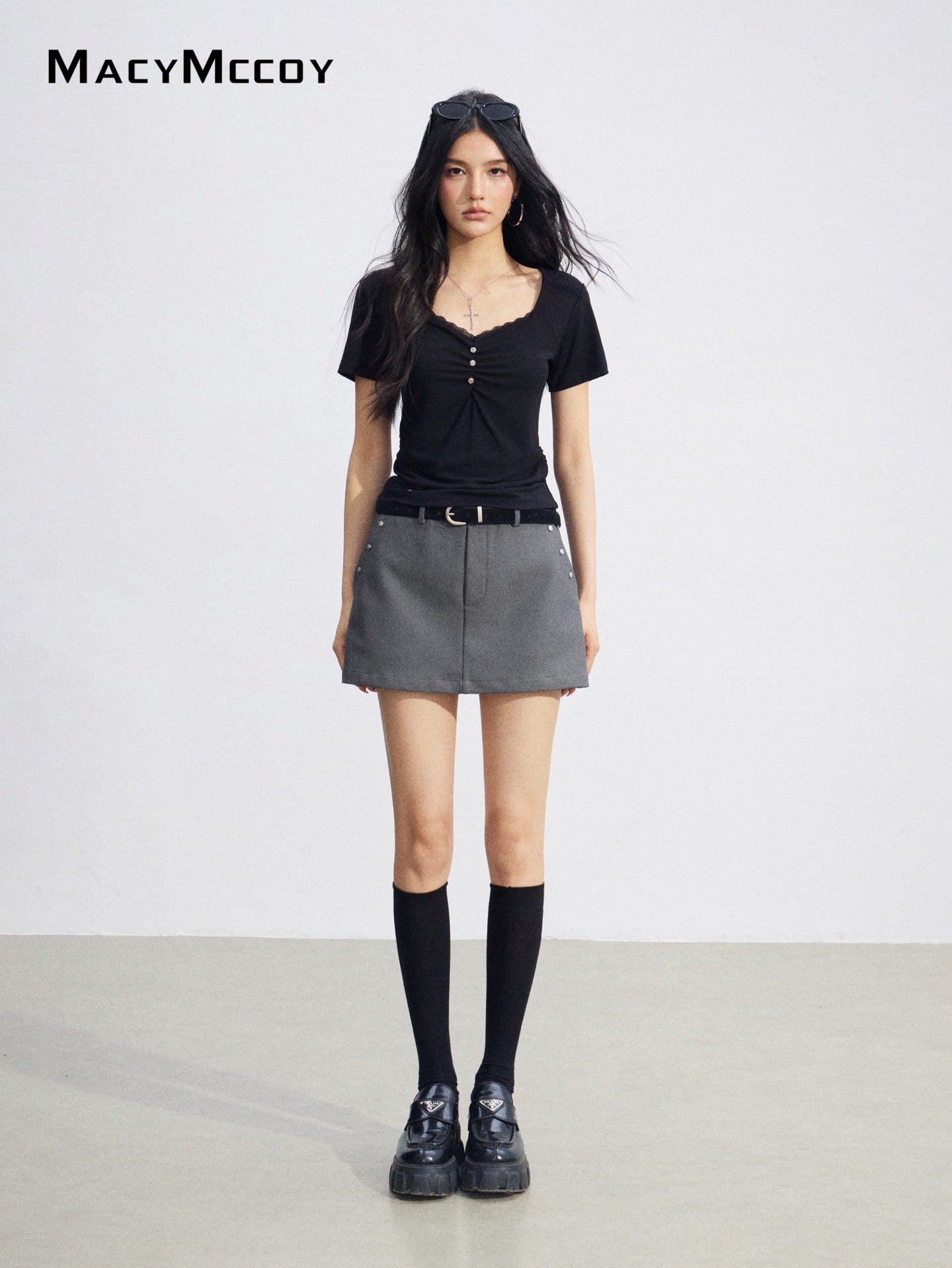 MacyMccoy MMC2026078 Lace Panel Ruched Top