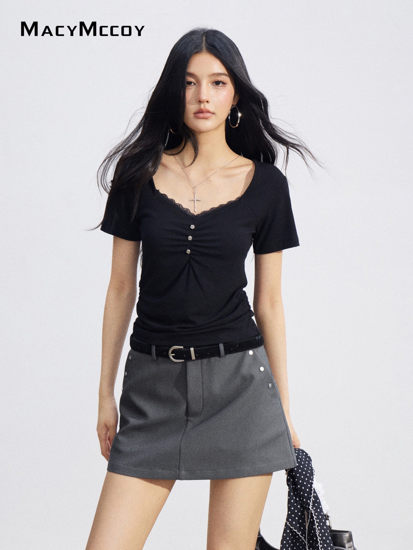 MacyMccoy MMC2026078 Lace Panel Ruched Top