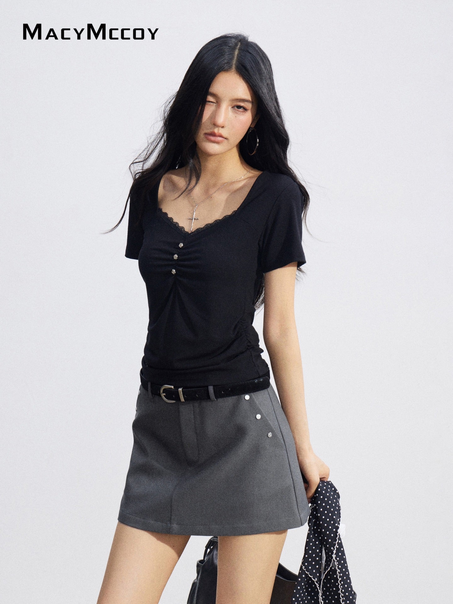 MacyMccoy MMC2026078 Lace Panel Ruched Top