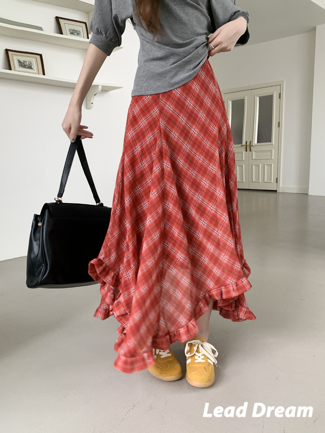Leap Dream SALE ALD26002 Lace-Trimmed Plaid Chiffon Skirt
