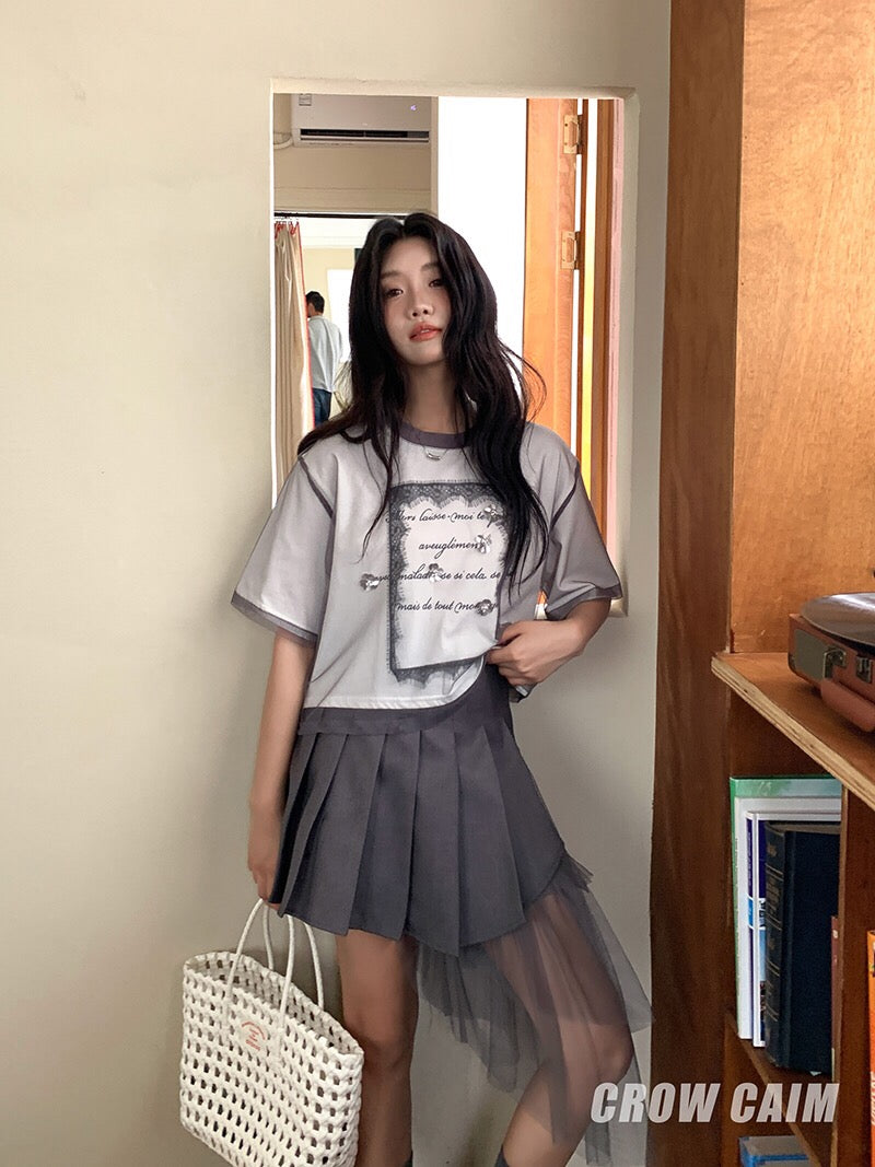 Crow Caim SALE CC25093 Asymmetric Mesh Pleated Skirt