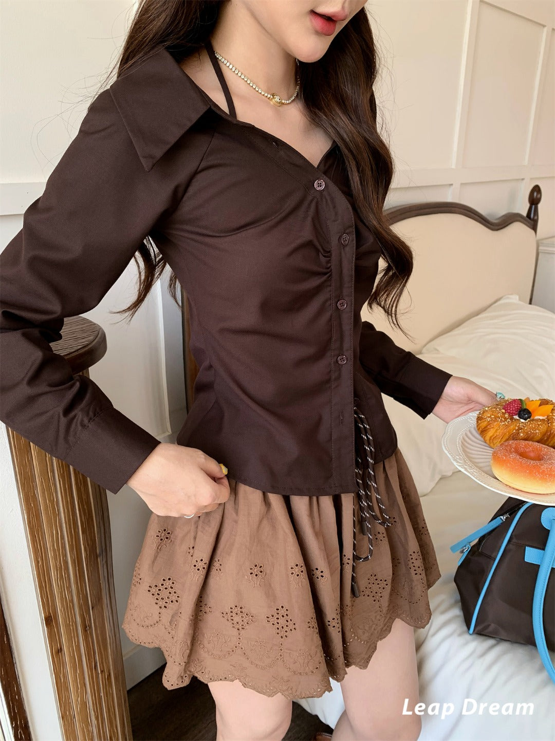 Leap Dream SALE ALD26013 Pleated Halter Fitted Shirt