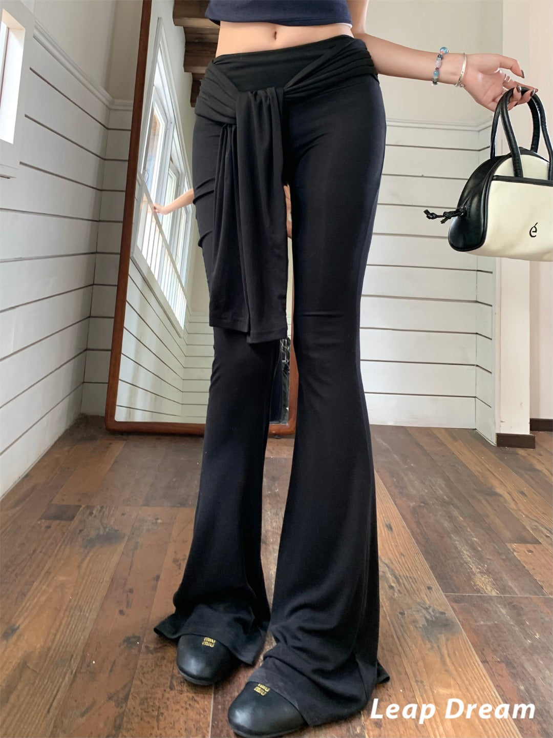 Leap Dream SALE ALD26018 Two-in-One Flared Pants with Tie Waist