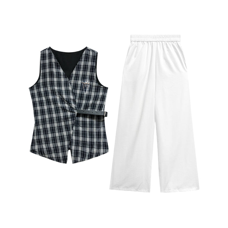 Crow Caim SALE CC25108 Plaid Vest and Wide-Leg Pants Set