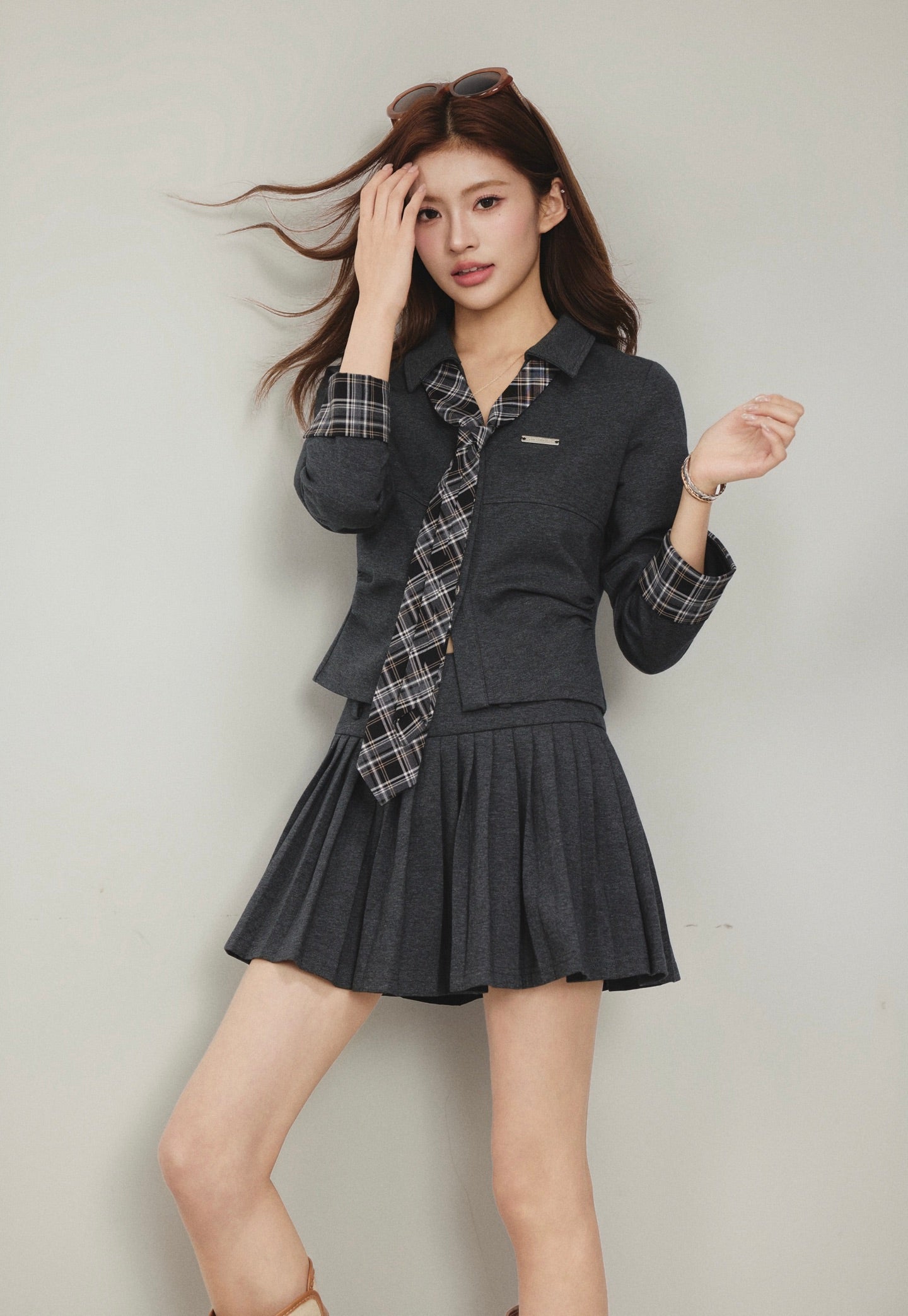 OTEBANBASS OTE260814 Preppy Plaid Top and Pleated Skirt Set