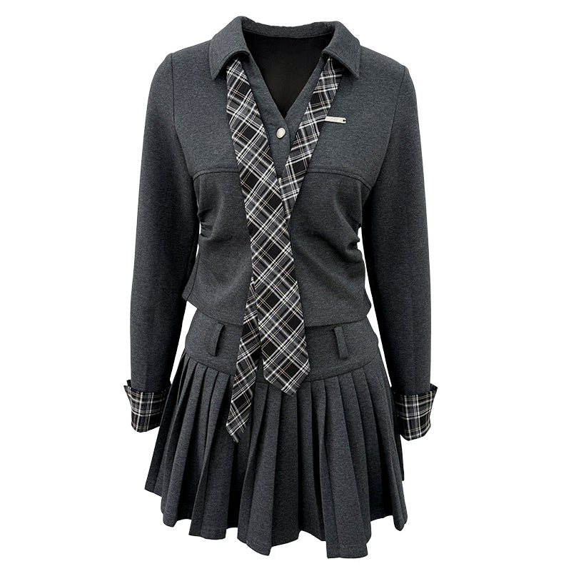 OTEBANBASS OTE260814 Preppy Plaid Top and Pleated Skirt Set