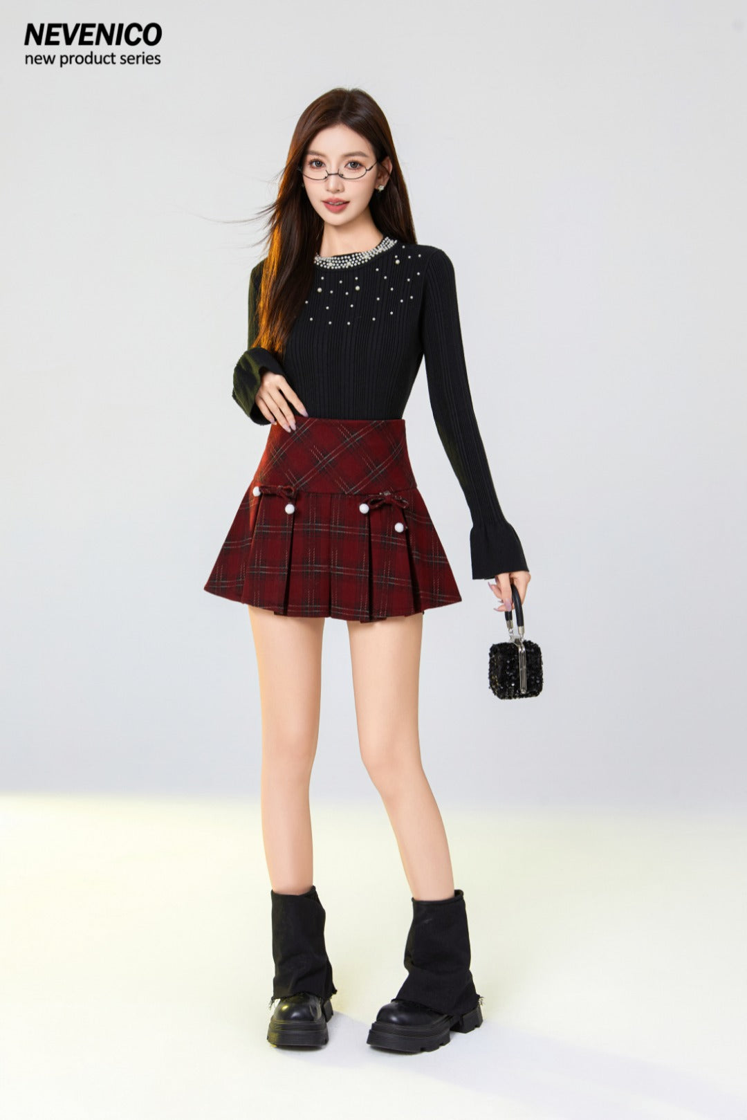 NeveNico SALE NN2412014 Wool Plaid Pleated Skirt with Bow