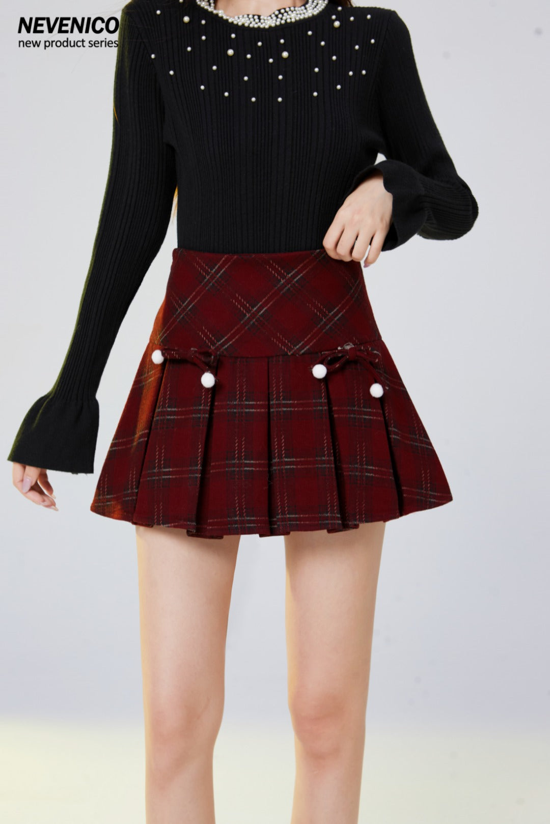 NeveNico SALE NN2412014 Wool Plaid Pleated Skirt with Bow