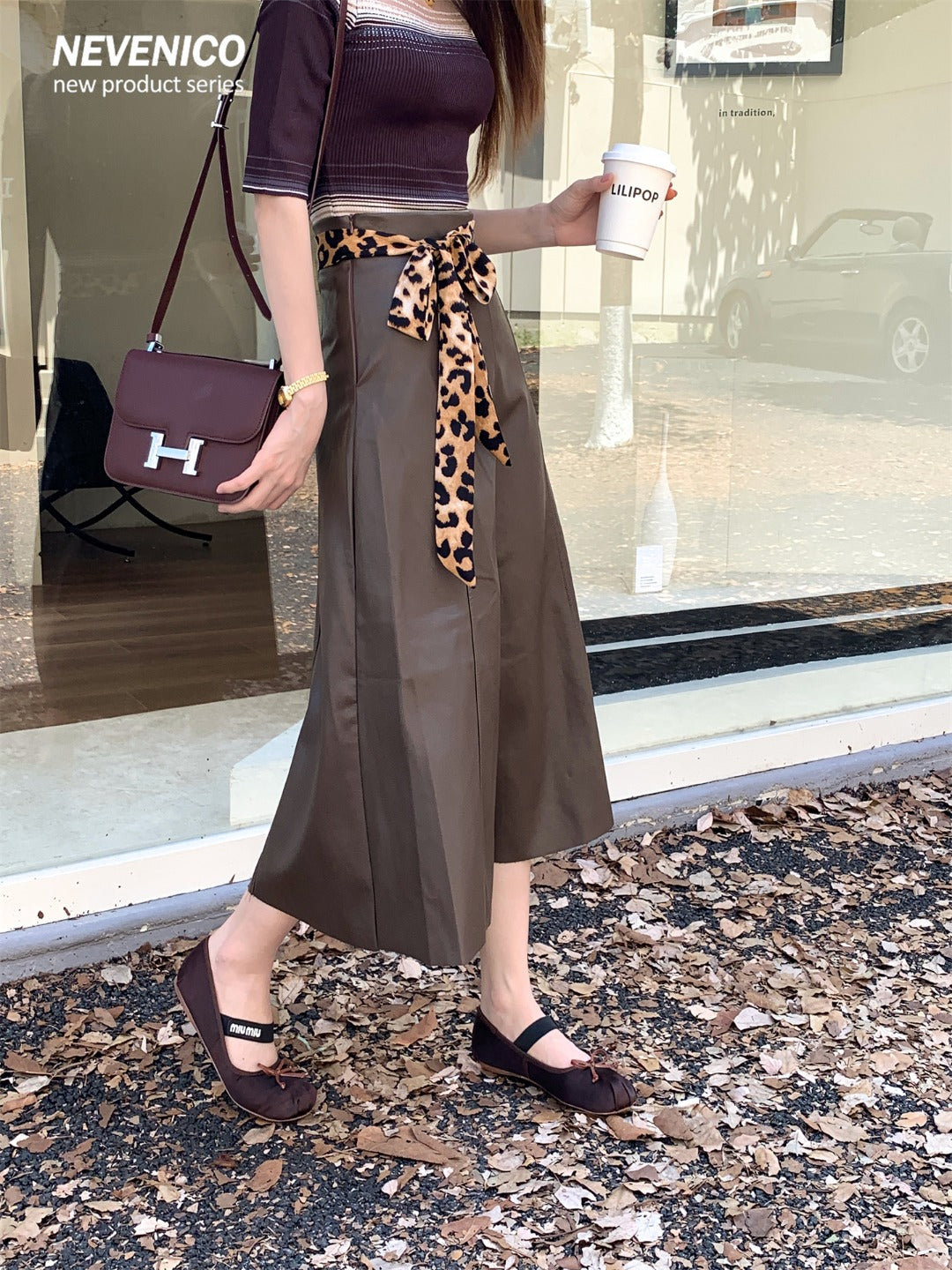 NeveNico SALE NN2509017 Leopard Belt Flared PU Skirt