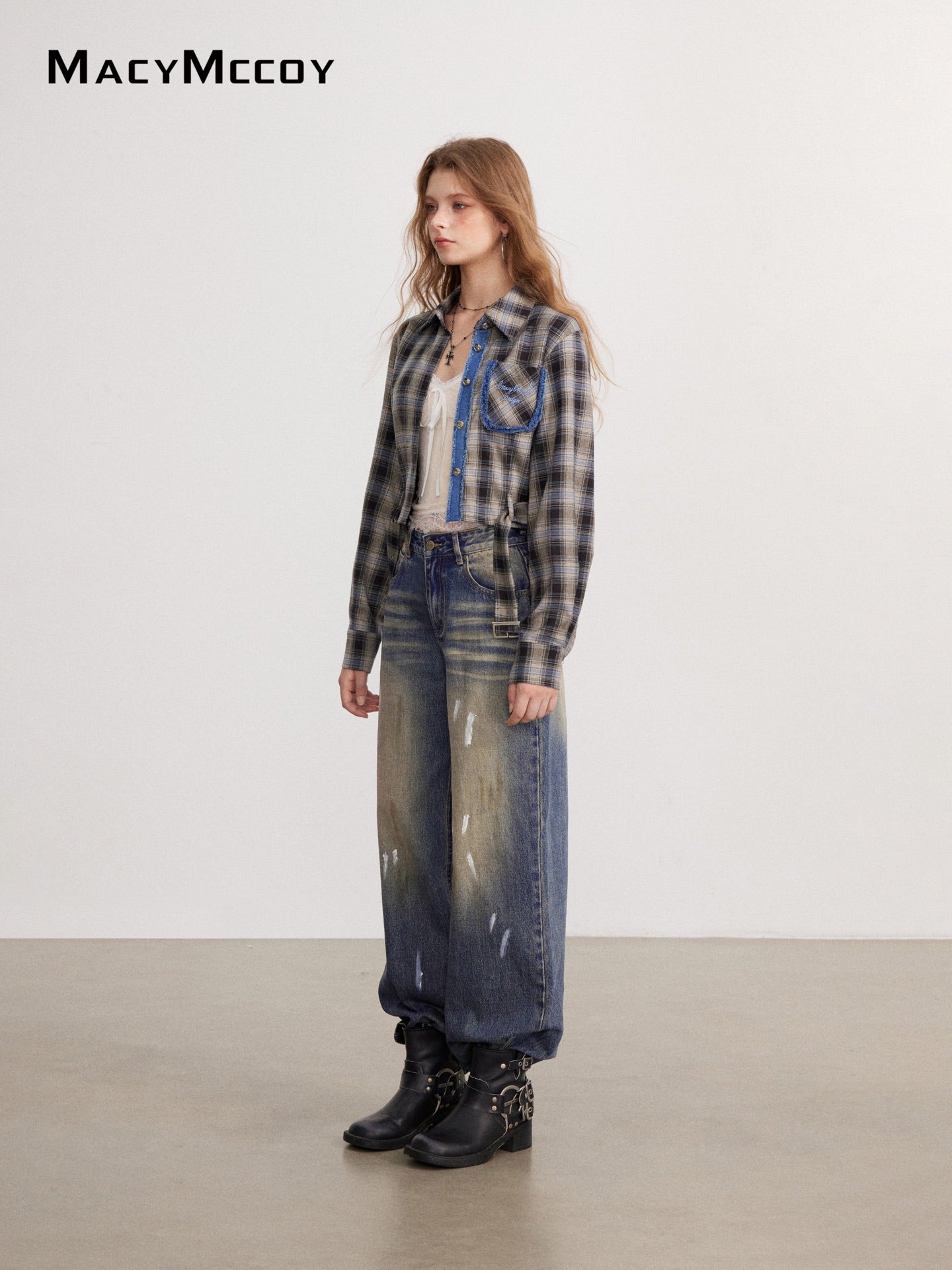 MacyMccoy MMC2026143&148 Frayed Plaid Shirt+Splatter paint jeans