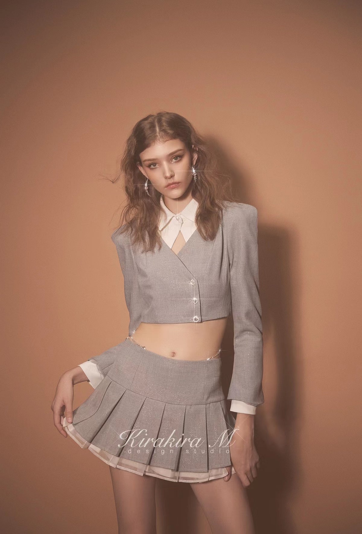 Kirakira.M Diamond Shiny Grey Short Suit And Skirt