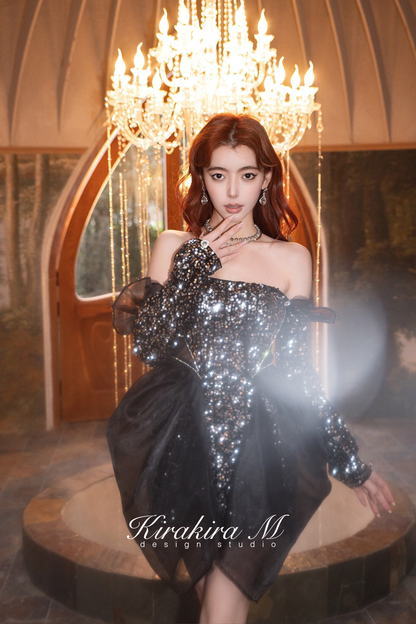 Kirakira.M Diamond black flash velvet flower dress