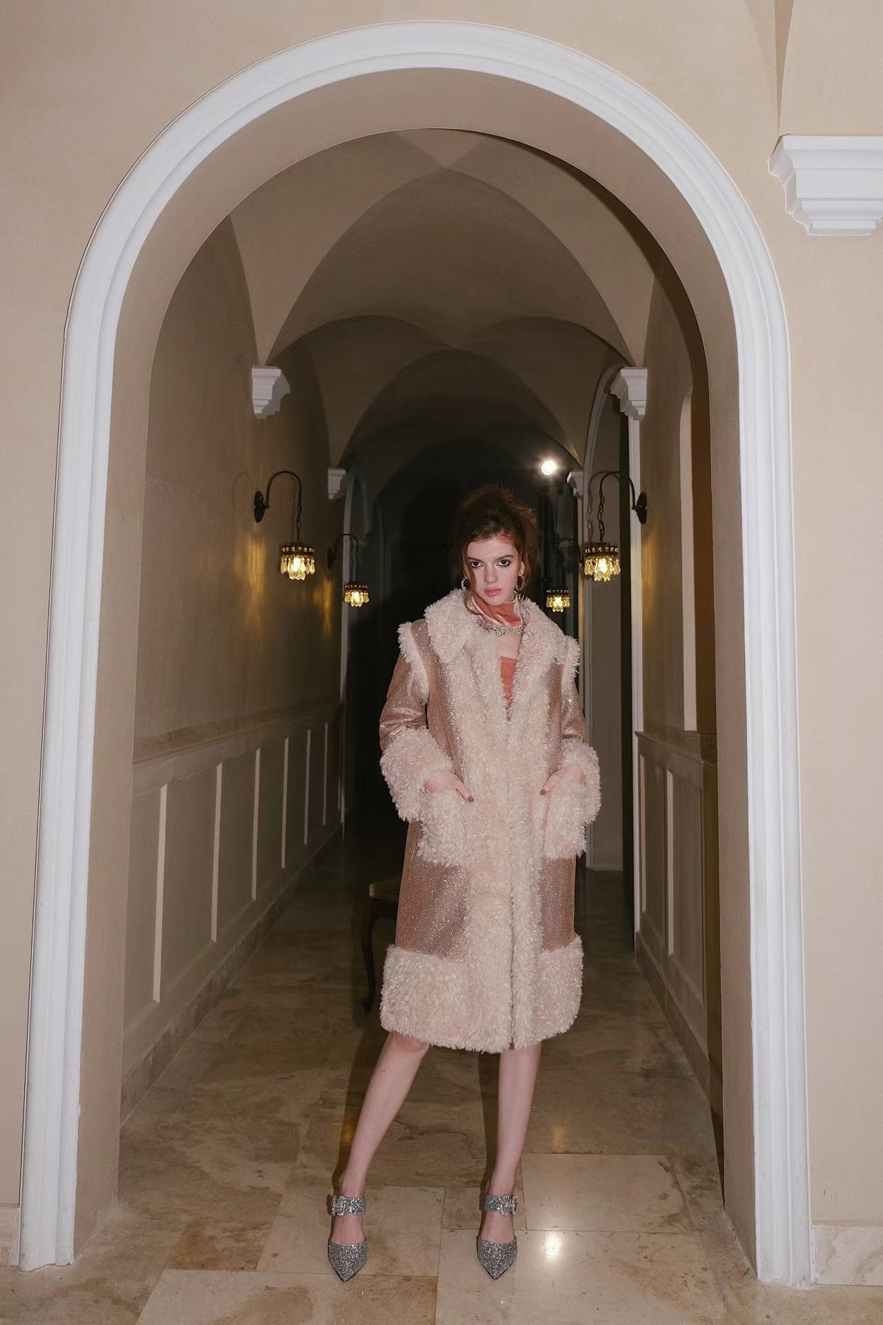 wardrobes by chen pink diamond fur one-piece coat dress