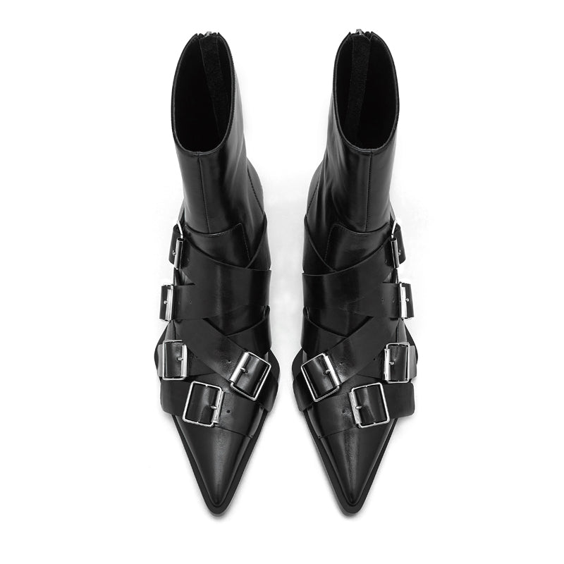CHINCHIN Cowhide Pointed Head And Buckle Short Boots