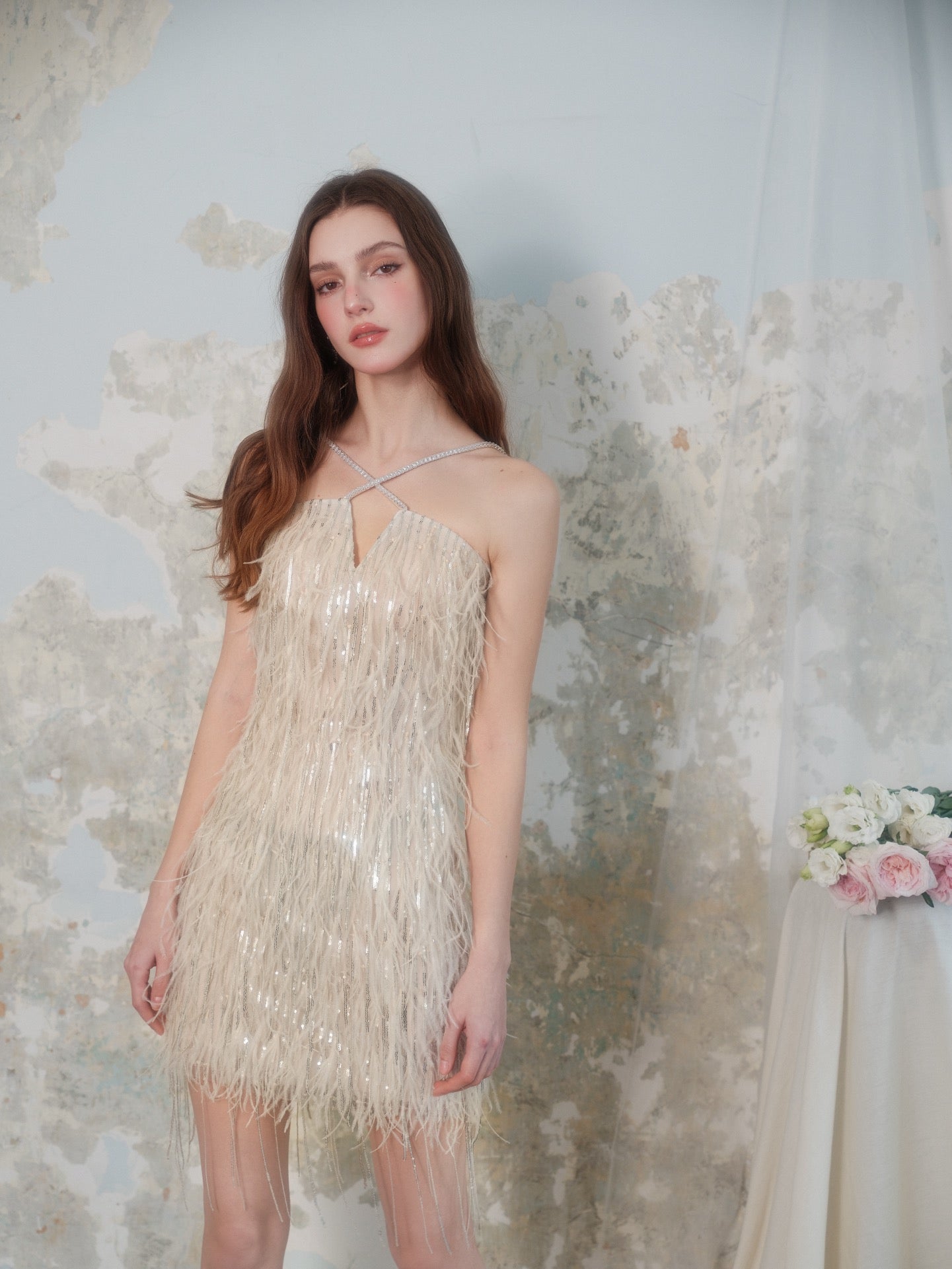 Wardrobes by Chen crystal tassel cross-neck dress