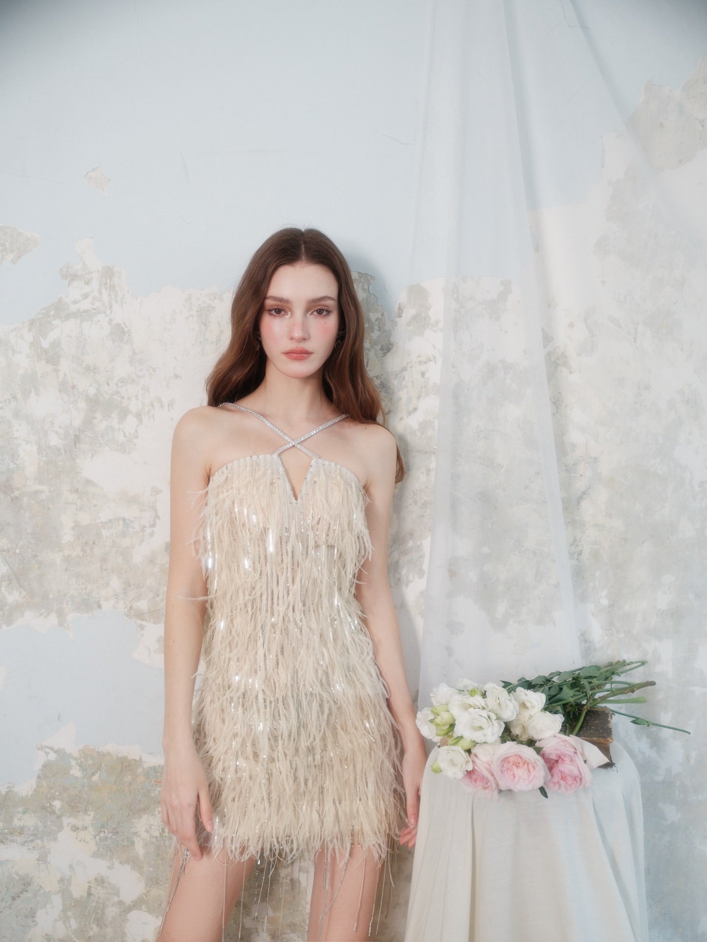 Wardrobes by Chen crystal tassel cross-neck dress