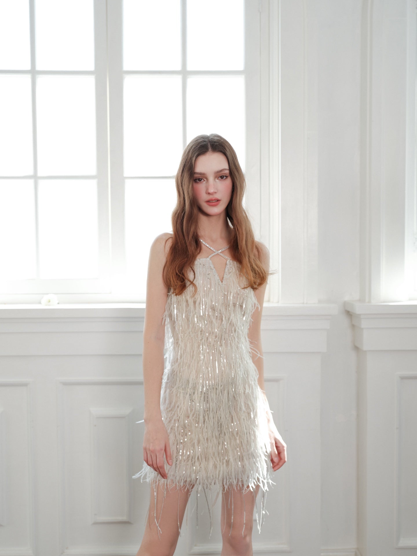 Wardrobes by Chen crystal tassel cross-neck dress