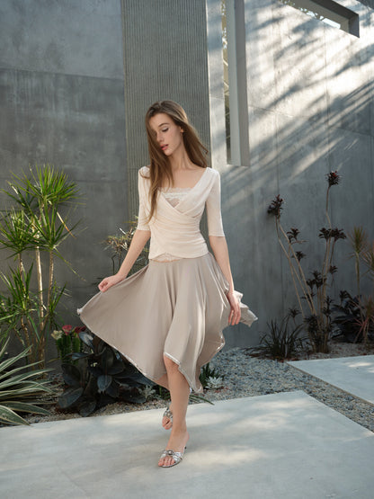 NONCESTNON N315&amp;N279 Pink cross lace mid sleeve + Irregular bead umbrella skirt