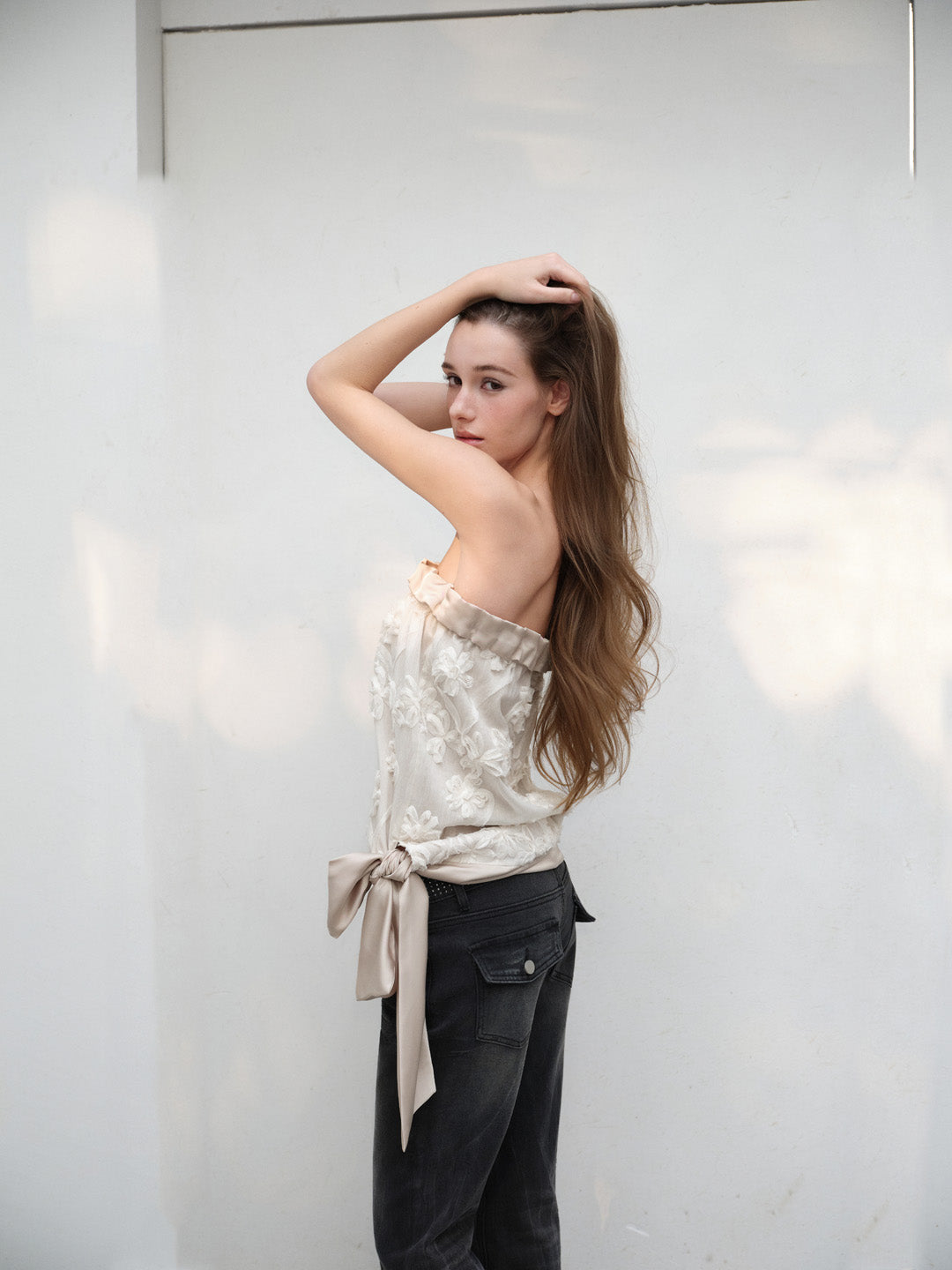 NONCESTNON N293 Satin patchwork lace strapless top