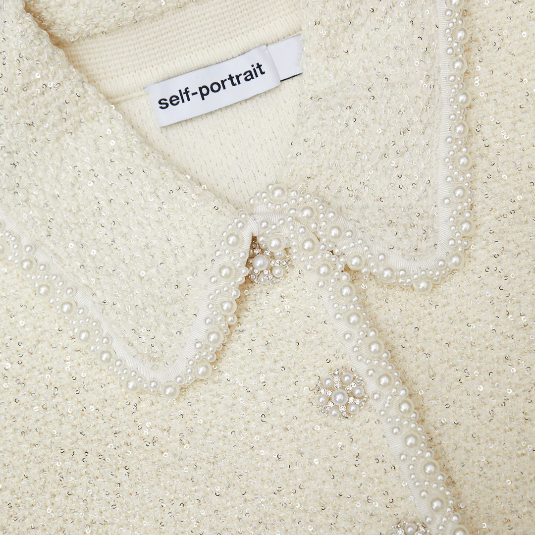 Self-Portrait Cream Sequin Knit Pearl Cardigan