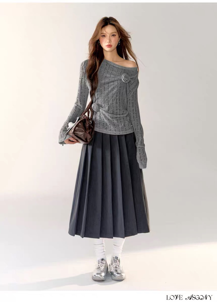 AsGony Grey Pleated Midi Dress