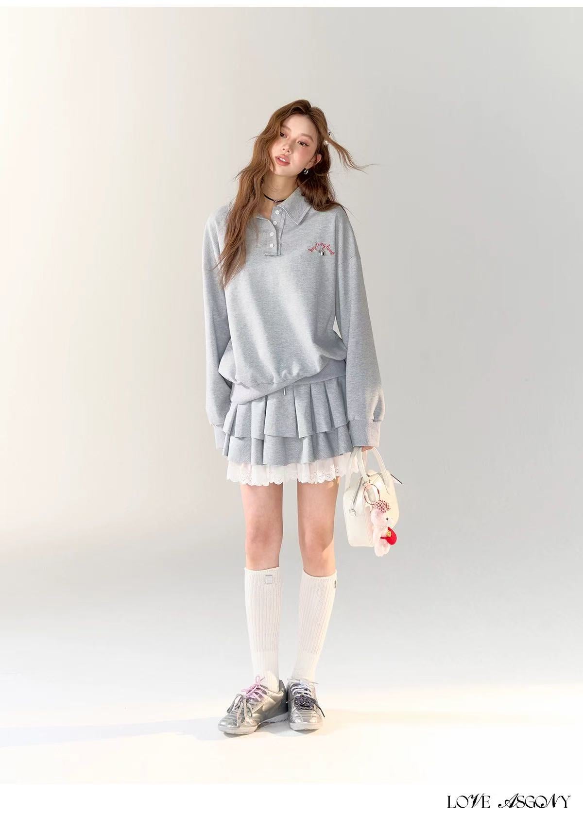 AsGony ASG24710 ASG24711 Preppy style hoodie + skirt set