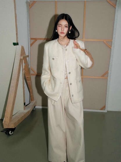 OLIVIA DUO DWT25418 Oversized Straight-Line White Bouclé Jacket