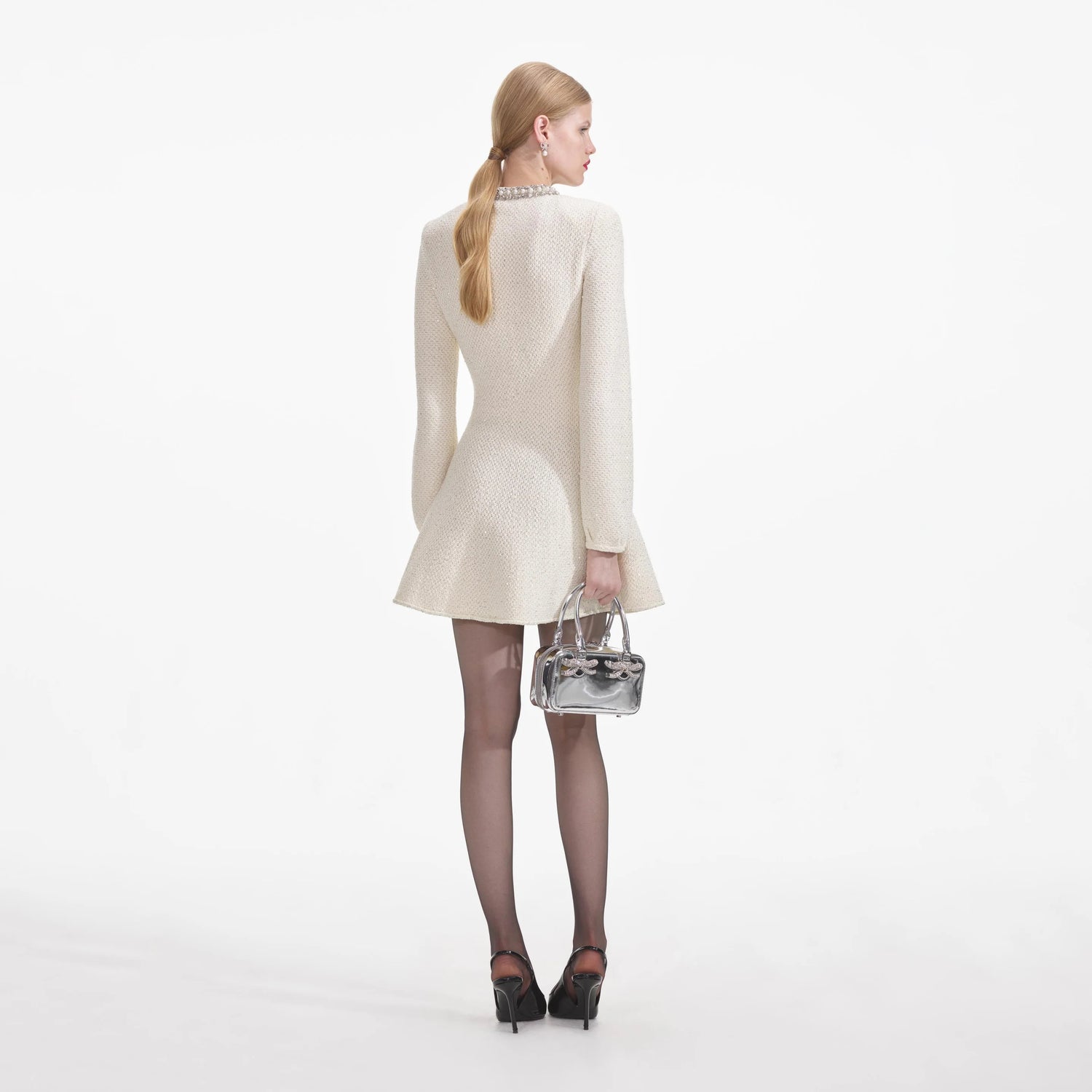 Self-Portrait CREAM TEXTURED KNIT EMBELLISHED MINI DRESS