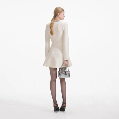 Self-Portrait CREAM TEXTURED KNIT EMBELLISHED MINI DRESS