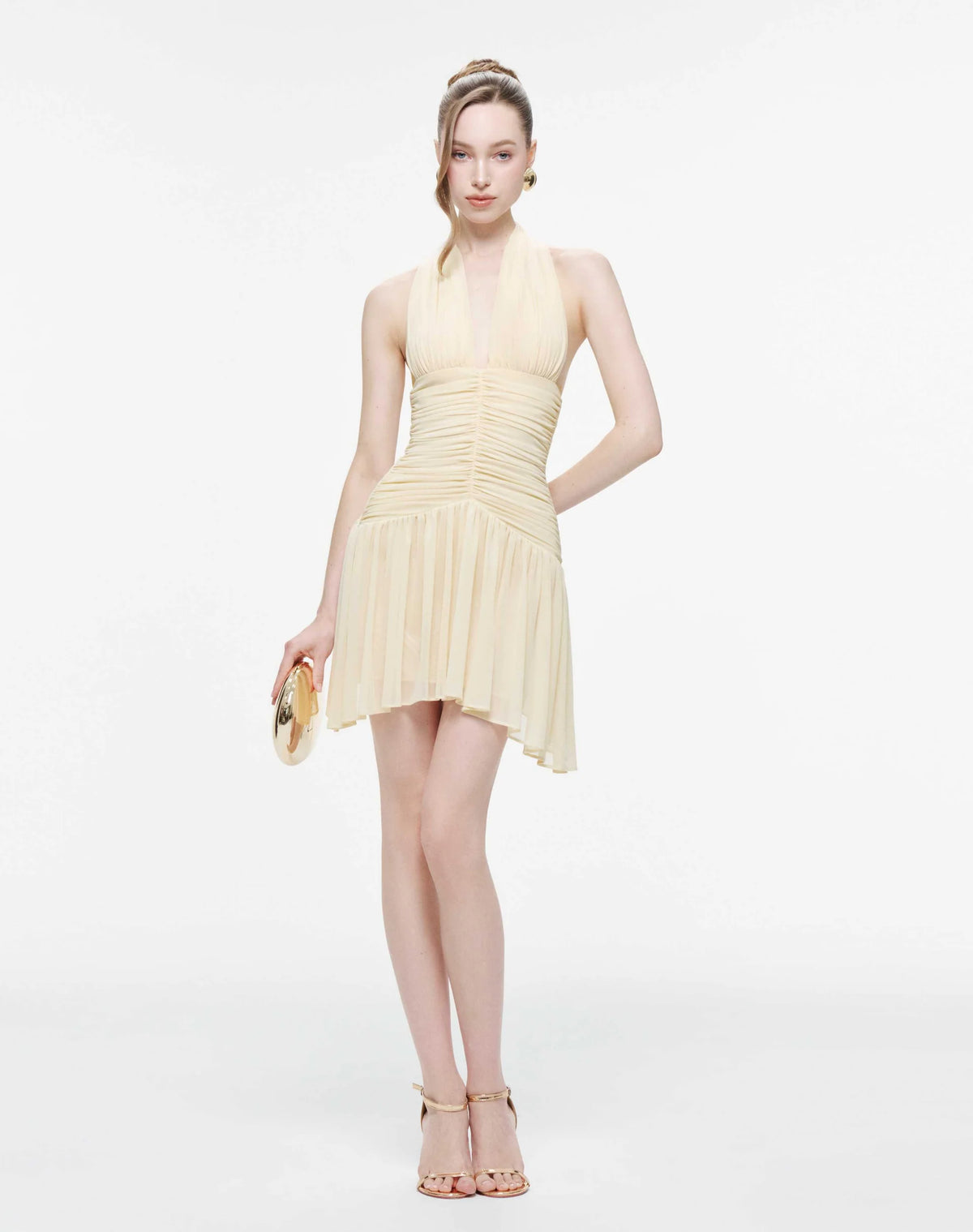 MOLLYNISTA Ruched Stretch Mesh Mini Dress With Neck Bow-Yellow Butter