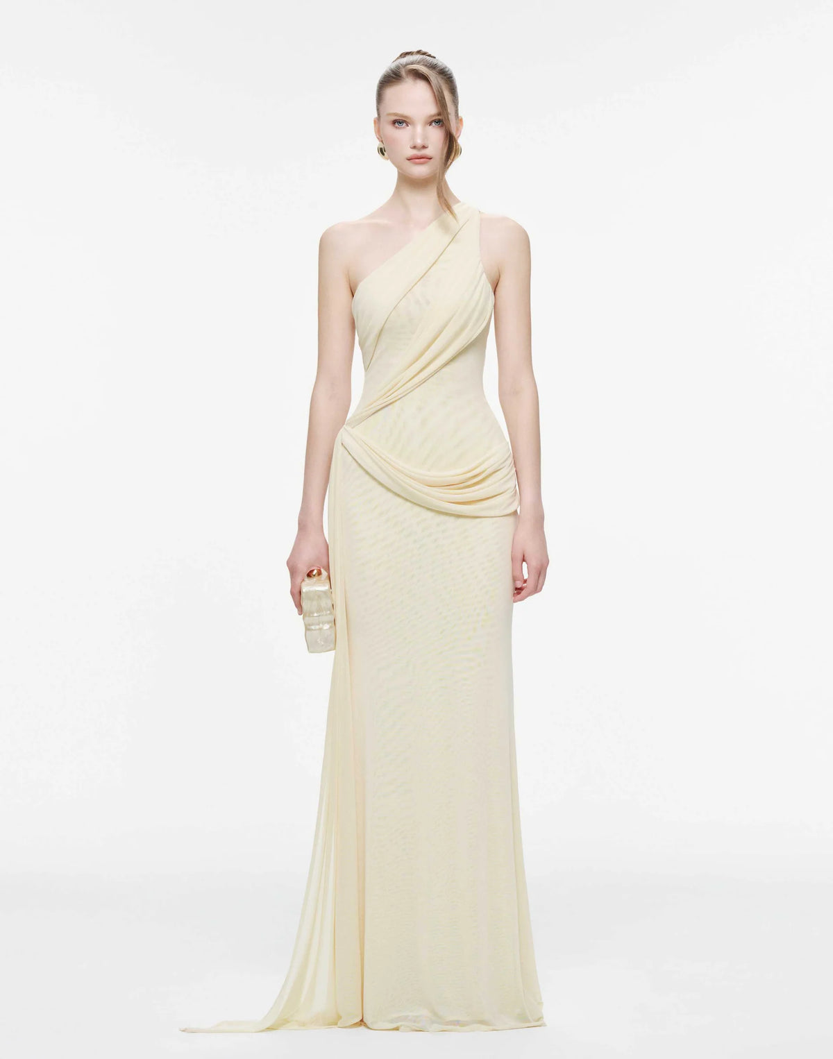 MOLLYNISTA One-Shoulder Draped Mesh Dress-Yellow Butter