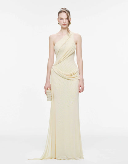 MOLLYNISTA One-Shoulder Draped Mesh Dress-Yellow Butter