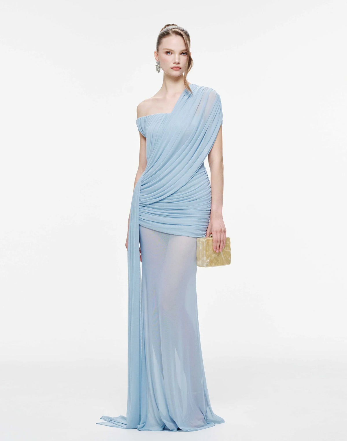 MOLLYNISTA Side-Gathered Mesh Dress-Clear Sky