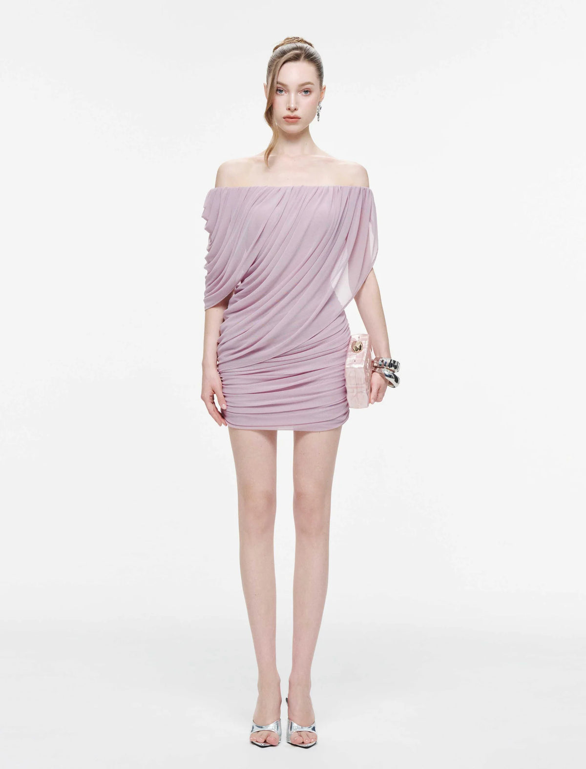 MOLLYNISTA Off-Shoulder Asymmetric Draped Mini Dress-Lavender Fog