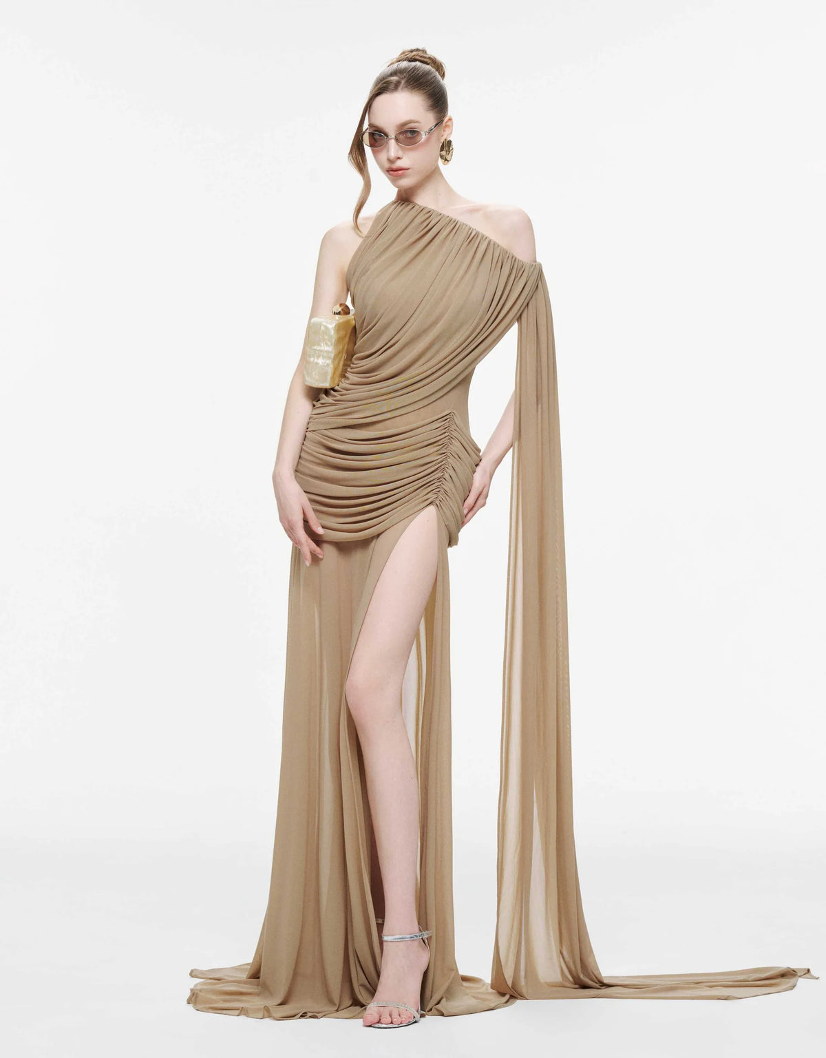 MOLLYNISTA Asymmetric Ruched Mesh Dress-Sand Beige