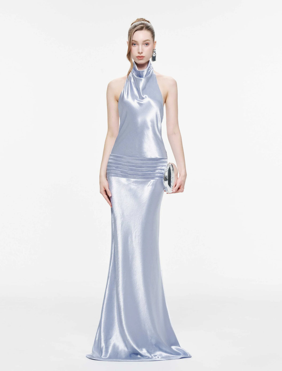 MOLLYNISTA Cowl Neck Silk Dress With Twisted Bow Back-Icy Blue