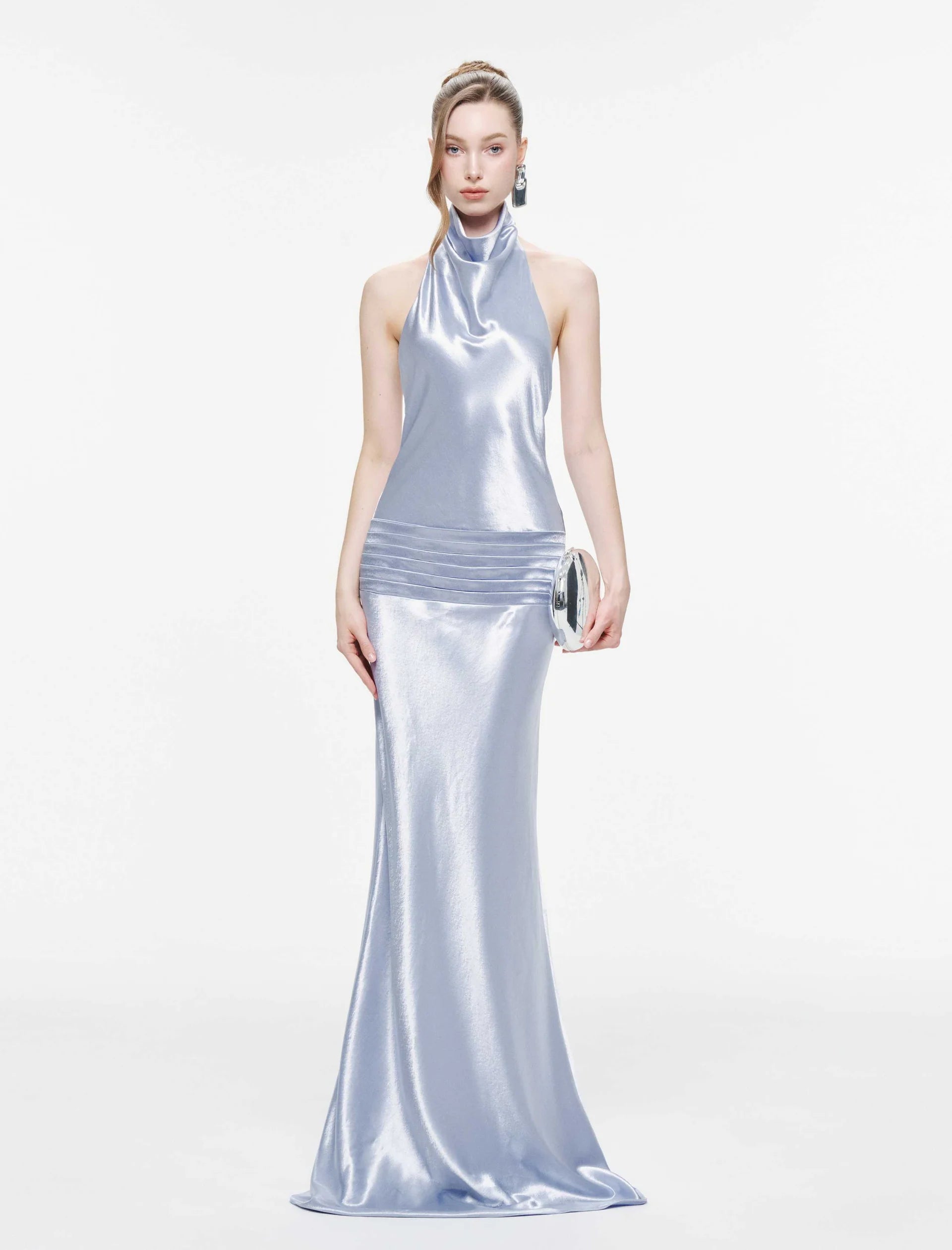 MOLLYNISTA Cowl Neck Silk Dress With Twisted Bow Back-Icy Blue