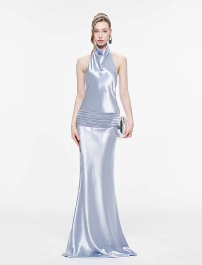 MOLLYNISTA Cowl Neck Silk Dress With Twisted Bow Back-Icy Blue
