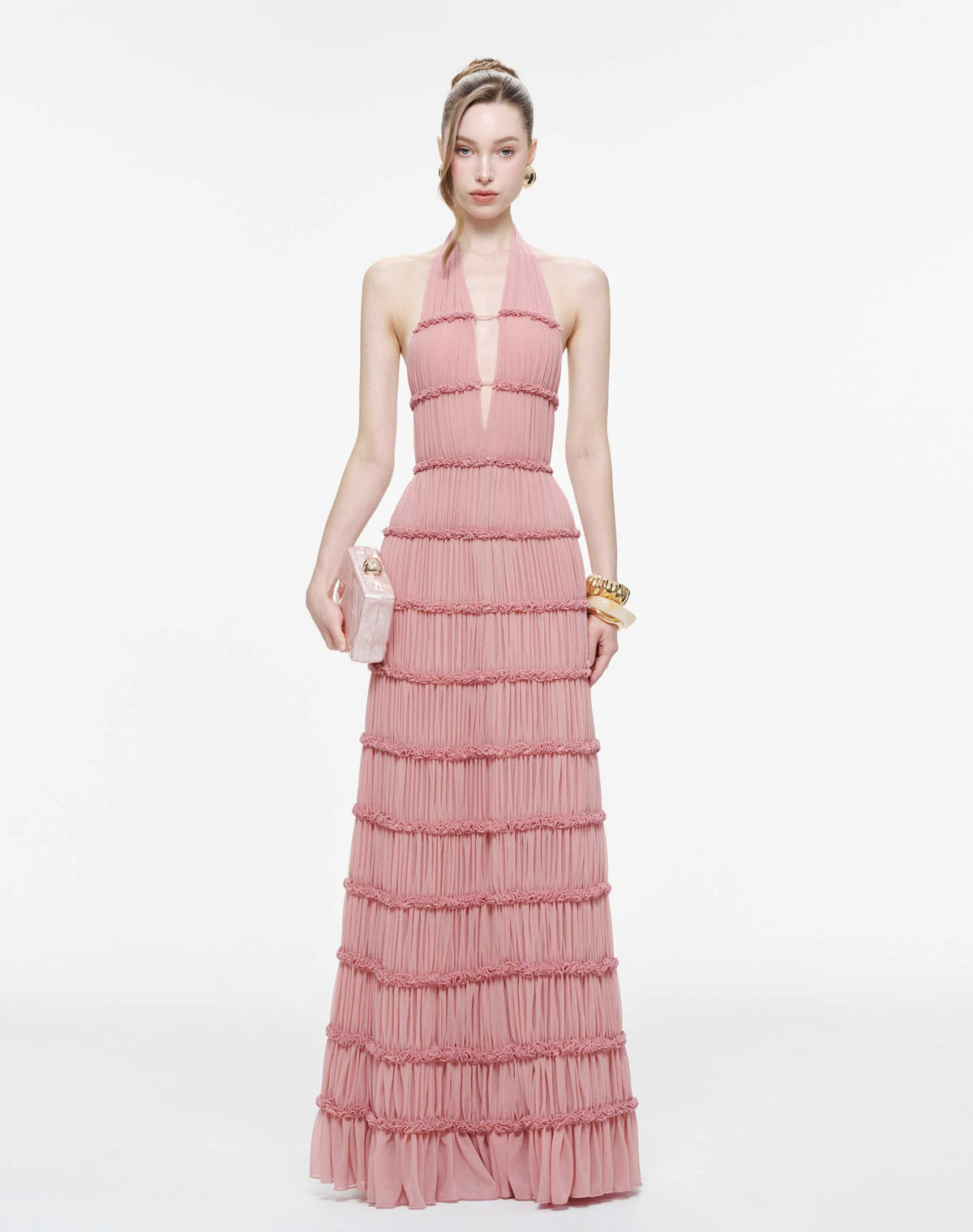 MOLLYNISTA Backless Stretch Mesh Maxi Dress-Dusty Pink