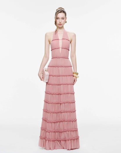 MOLLYNISTA Backless Stretch Mesh Maxi Dress-Dusty Pink