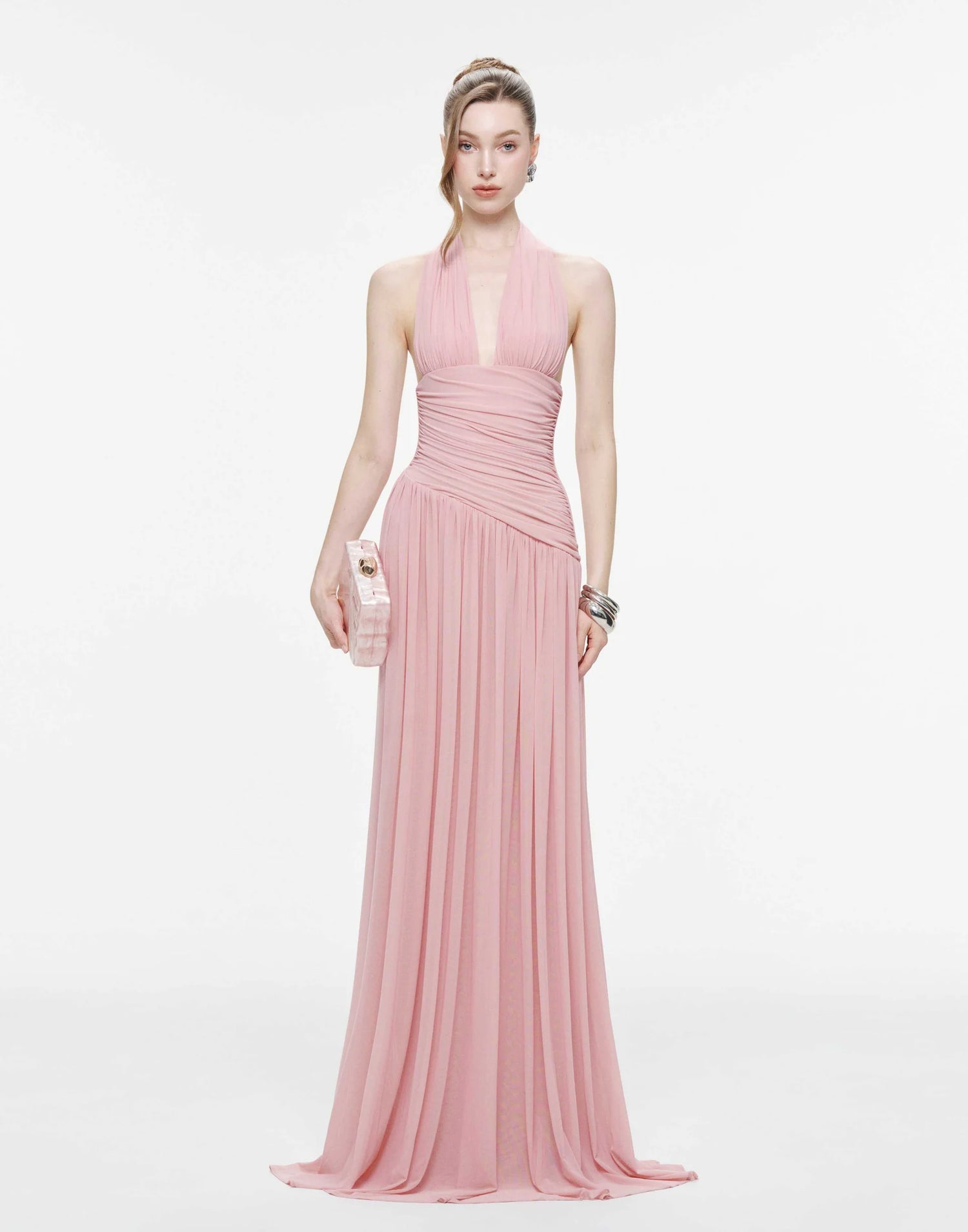 MOLLYNISTA Ruched Stretch Mesh Maxi Dress With Neck Bow-Mary Rose