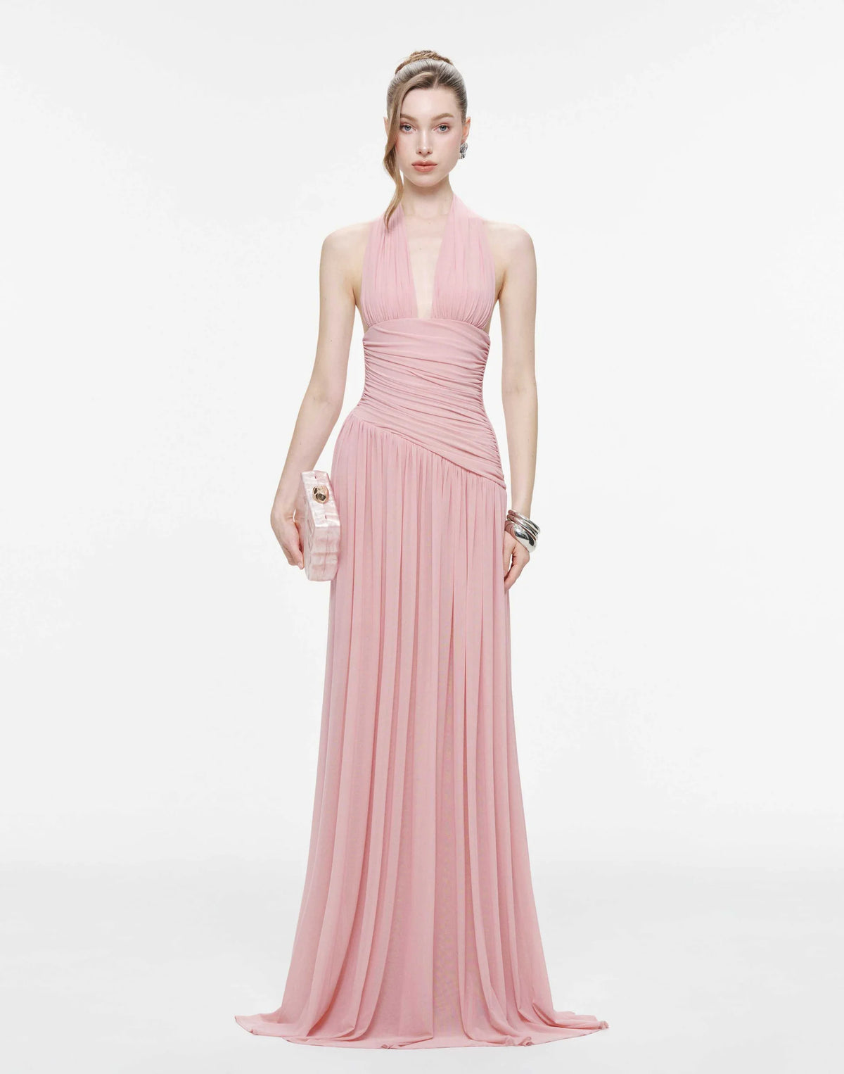 MOLLYNISTA Ruched Stretch Mesh Maxi Dress With Neck Bow-Mary Rose
