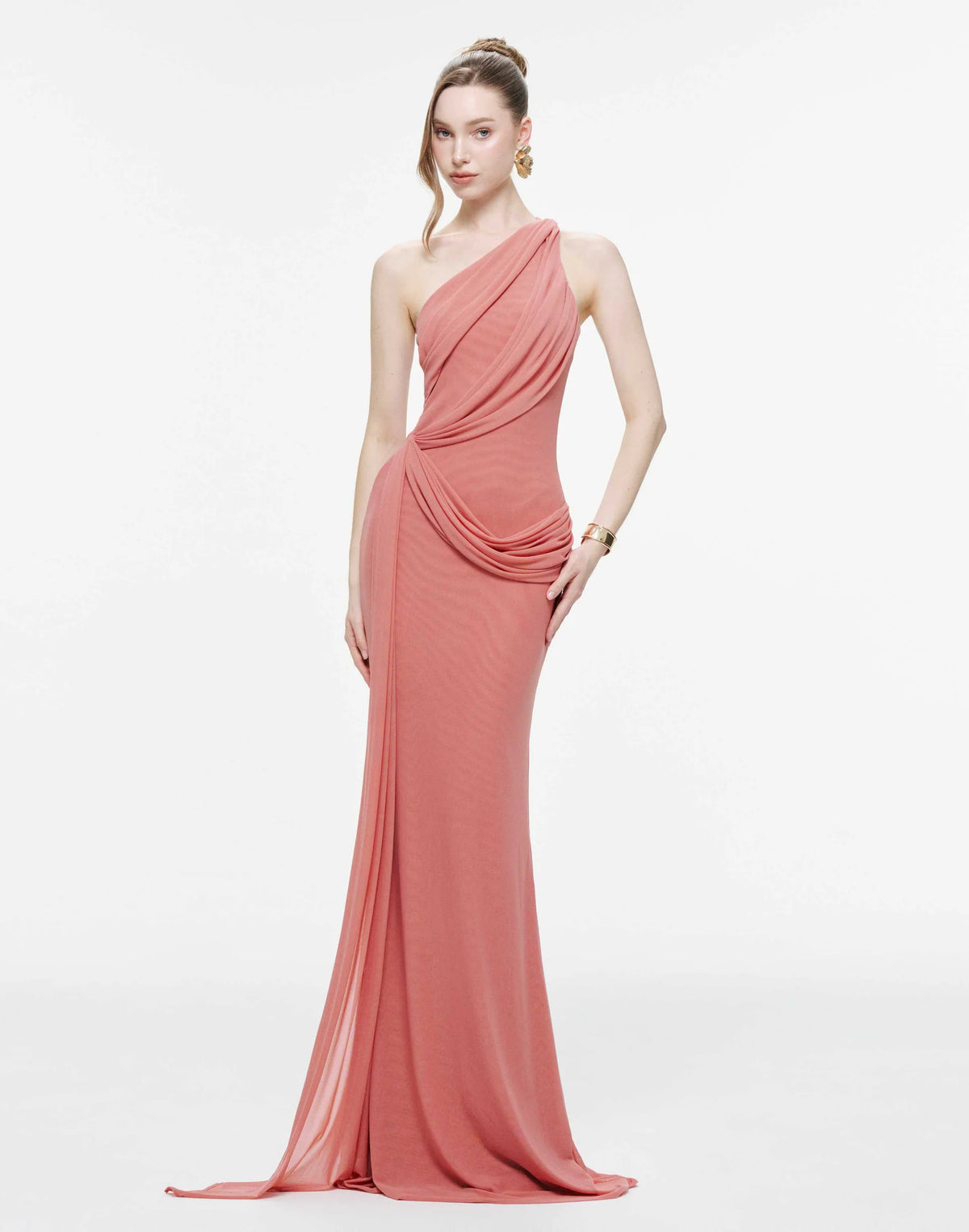 MOLLYNISTA One-Shoulder Draped Mesh Dress-Faded Rose