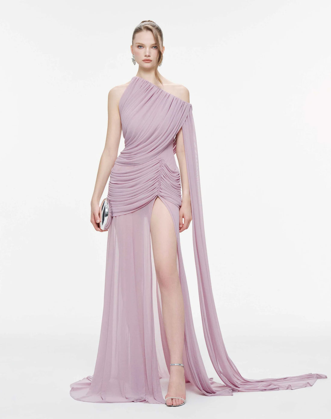 MOLLYNISTA Asymmetric Ruched Mesh Dress-Lavender Fog