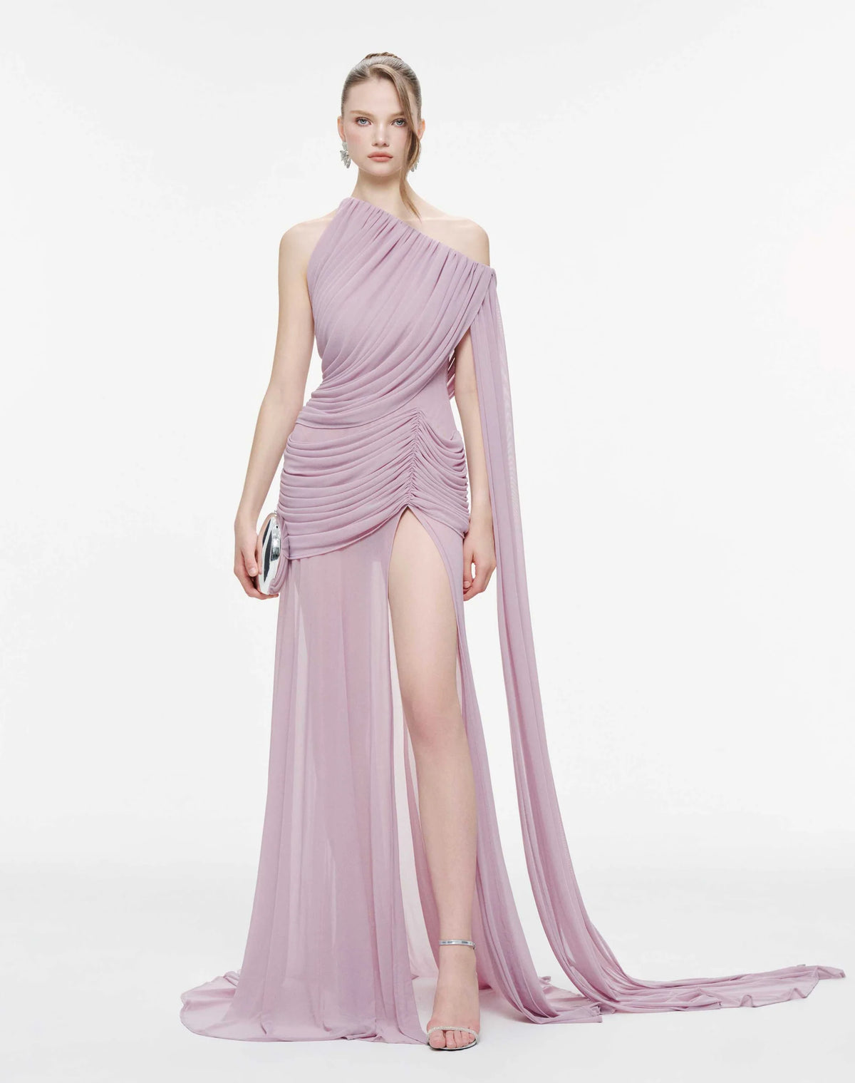 MOLLYNISTA Asymmetric Ruched Mesh Dress-Lavender Fog