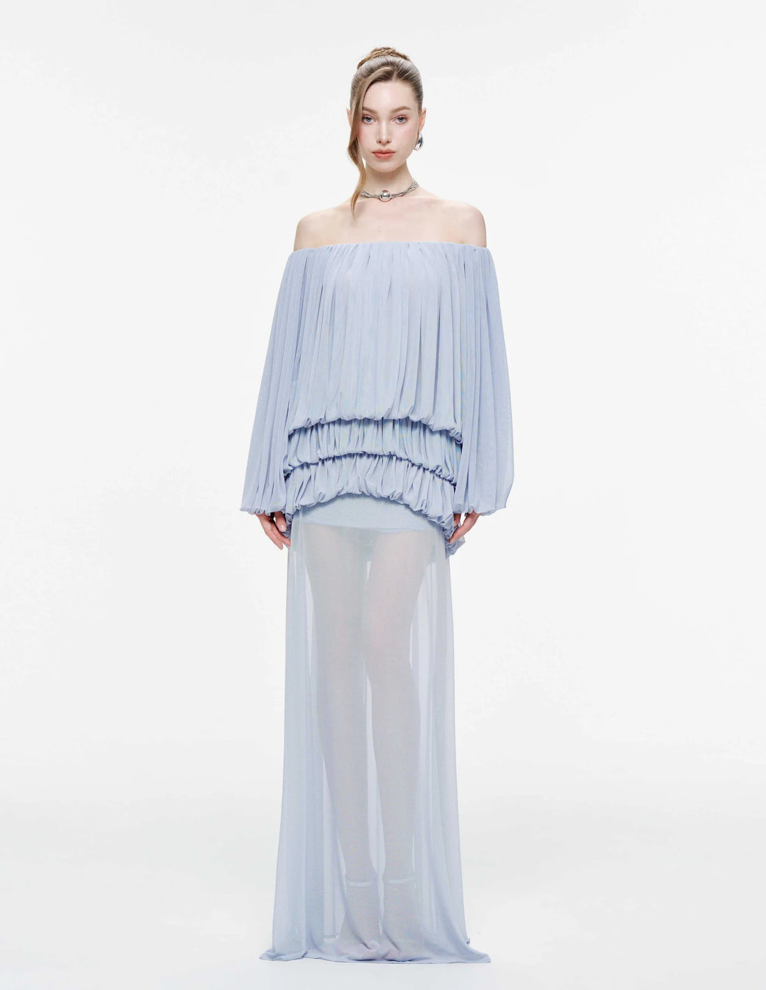 MOLLYNISTA Off-Shoulder Ruched Stretch Mesh Set-Whispy Blue